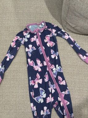 Little Sleepies Navy Butterflies Footed One-Piece with Pink Trim